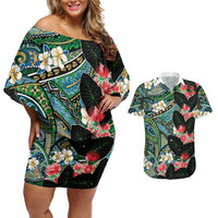 Hawaiian Taro Leaves and Ohia Lehua Couples Matching Off Shoulder Short Dress and Hawaiian Shirt Polynesian Tribal Art Tropical Plants Motifs Colorful LT03 Multicolor - Polynesian Pride
