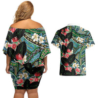 Hawaiian Taro Leaves and Ohia Lehua Couples Matching Off Shoulder Short Dress and Hawaiian Shirt Polynesian Tribal Art Tropical Plants Motifs Colorful LT03 - Polynesian Pride