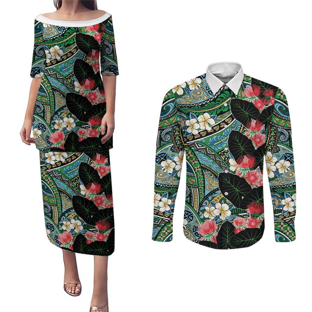 Hawaiian Taro Leaves and Ohia Lehua Couples Matching Puletasi and Long Sleeve Button Shirt Polynesian Tribal Art Tropical Plants Motifs Colorful