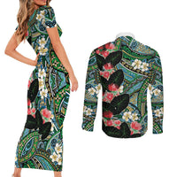 Hawaiian Taro Leaves and Ohia Lehua Couples Matching Short Sleeve Bodycon Dress and Long Sleeve Button Shirt Polynesian Tribal Art Tropical Plants Motifs Colorful LT03 - Polynesian Pride