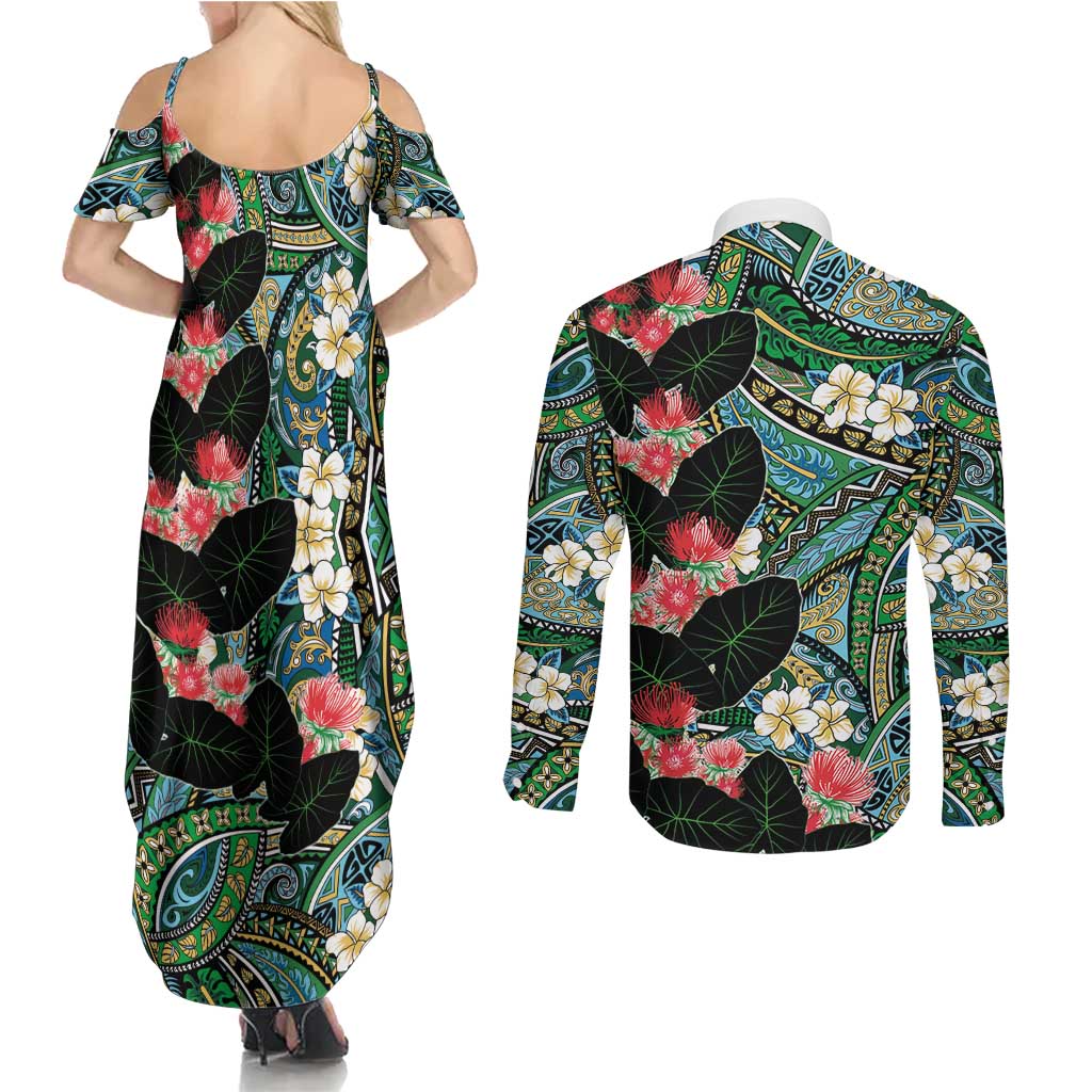 Hawaiian Taro Leaves and Ohia Lehua Couples Matching Summer Maxi Dress and Long Sleeve Button Shirt Polynesian Tribal Art Tropical Plants Motifs Colorful LT03 - Polynesian Pride