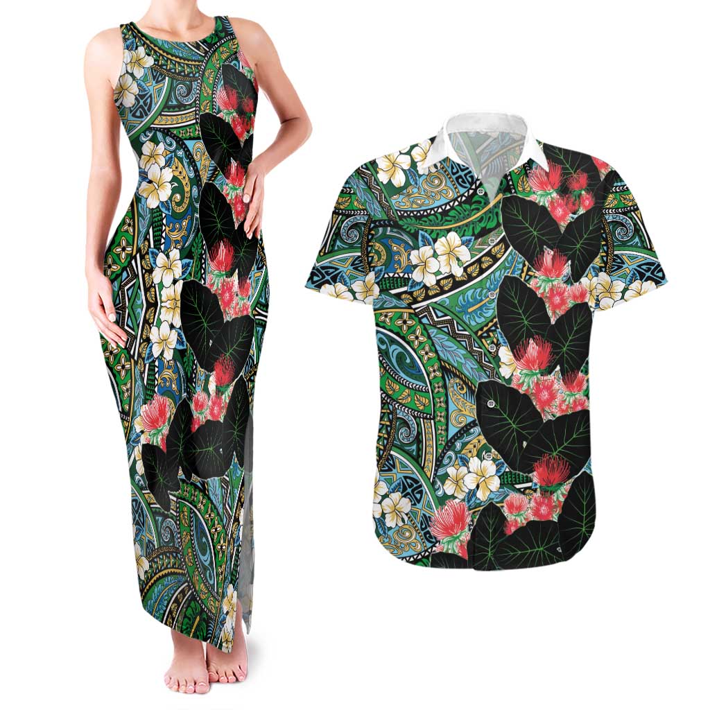 Hawaiian Taro Leaves and Ohia Lehua Couples Matching Tank Maxi Dress and Hawaiian Shirt Polynesian Tribal Art Tropical Plants Motifs Colorful LT03 Multicolor - Polynesian Pride