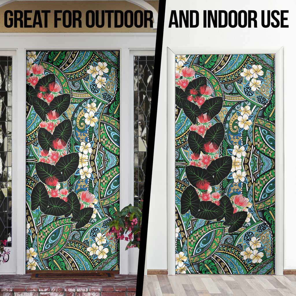 Hawaiian Taro Leaves and Ohia Lehua Door Cover Polynesian Tribal Art Tropical Plants Motifs Colorful LT03 - Polynesian Pride