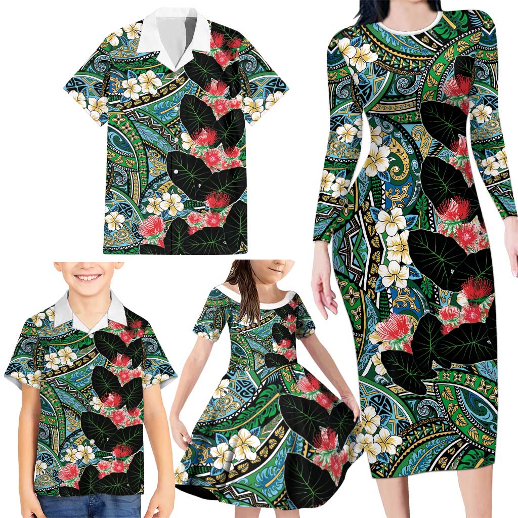 Hawaiian Taro Leaves and Ohia Lehua Family Matching Long Sleeve Bodycon Dress and Hawaiian Shirt Polynesian Tribal Art Tropical Plants Motifs Colorful LT03 - Polynesian Pride