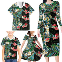 Hawaiian Taro Leaves and Ohia Lehua Family Matching Long Sleeve Bodycon Dress and Hawaiian Shirt Polynesian Tribal Art Tropical Plants Motifs Colorful LT03 - Polynesian Pride