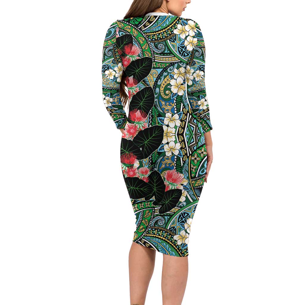Hawaiian Taro Leaves and Ohia Lehua Family Matching Long Sleeve Bodycon Dress and Hawaiian Shirt Polynesian Tribal Art Tropical Plants Motifs Colorful LT03 - Polynesian Pride