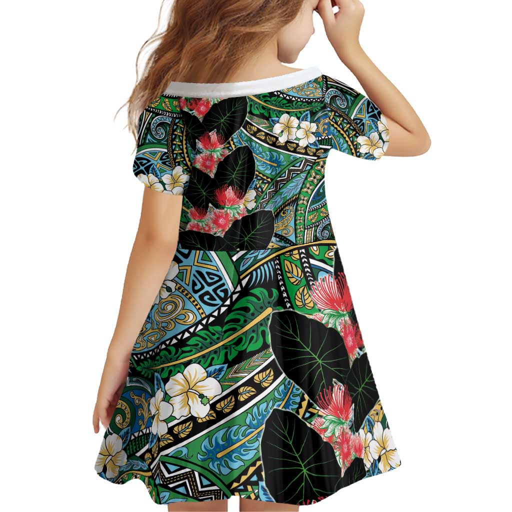 Hawaiian Taro Leaves and Ohia Lehua Family Matching Off The Shoulder Long Sleeve Dress and Hawaiian Shirt Polynesian Tribal Art Tropical Plants Motifs Colorful LT03 - Polynesian Pride