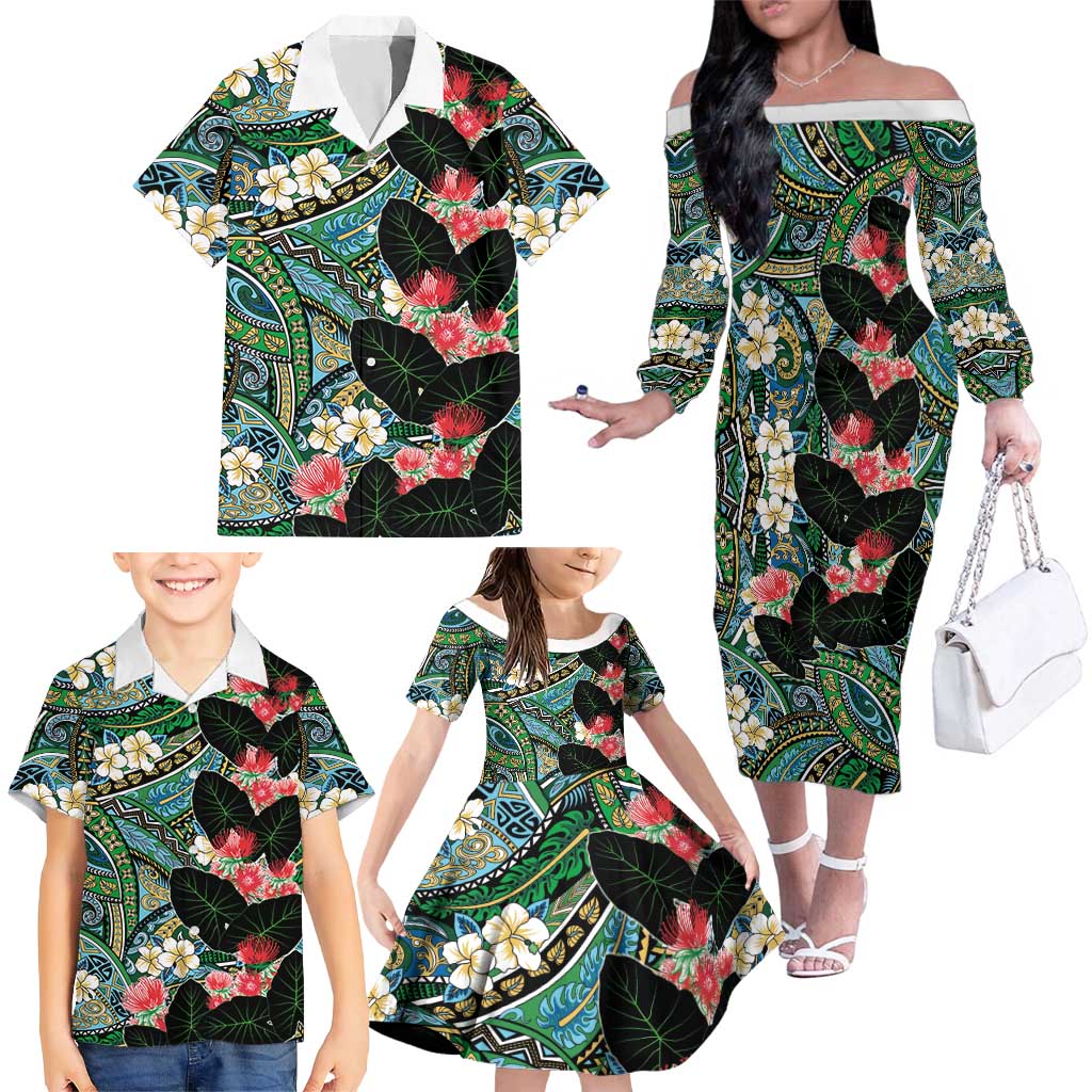 Hawaiian Taro Leaves and Ohia Lehua Family Matching Off The Shoulder Long Sleeve Dress and Hawaiian Shirt Polynesian Tribal Art Tropical Plants Motifs Colorful LT03 - Polynesian Pride