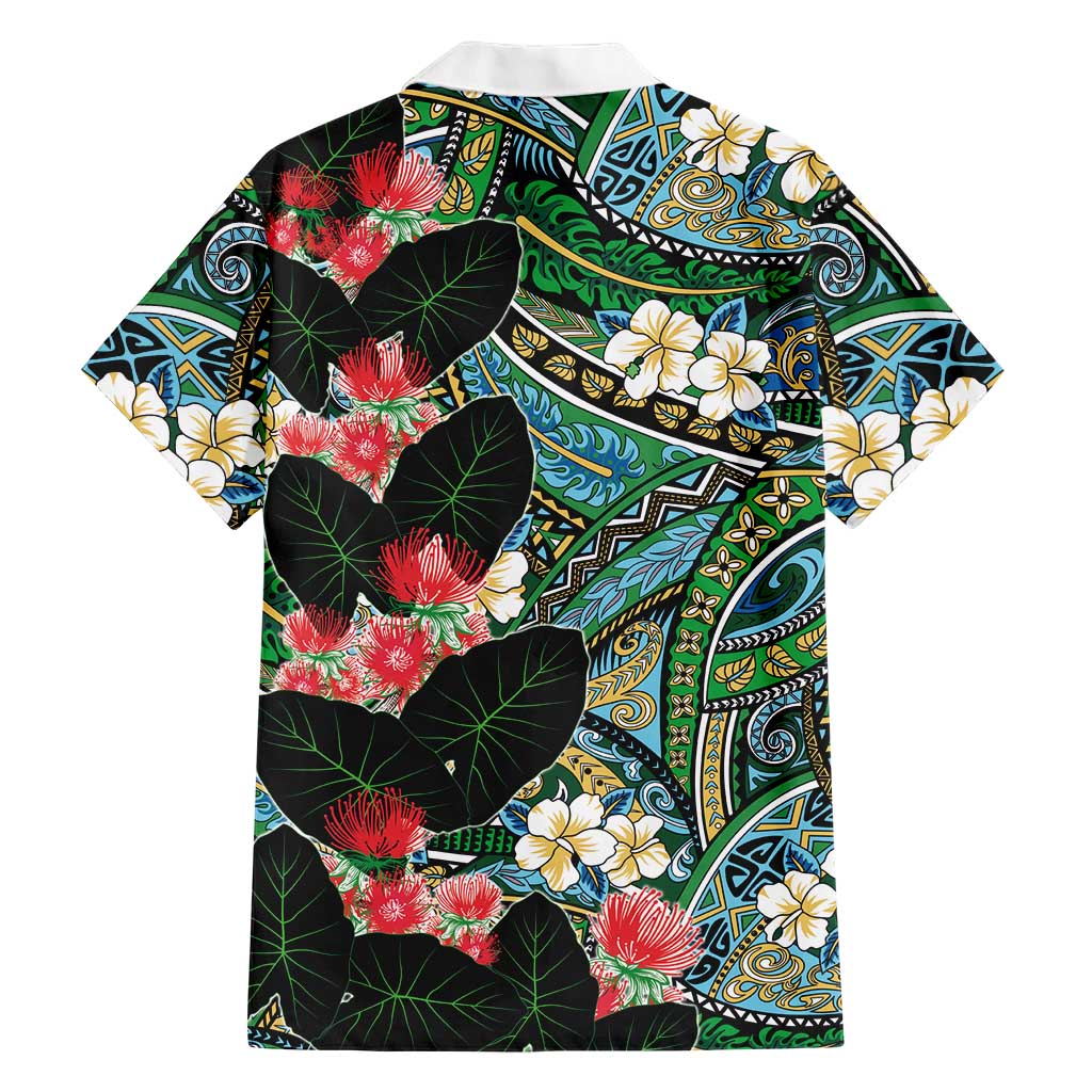 Hawaiian Taro Leaves and Ohia Lehua Family Matching Off The Shoulder Long Sleeve Dress and Hawaiian Shirt Polynesian Tribal Art Tropical Plants Motifs Colorful LT03 - Polynesian Pride