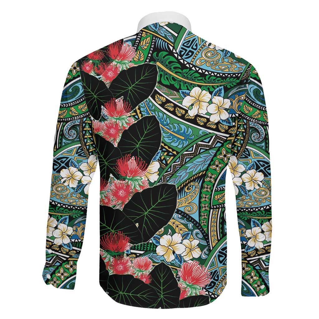 Hawaiian Taro Leaves and Ohia Lehua Family Matching Off The Shoulder Long Sleeve Dress and Hawaiian Shirt Polynesian Tribal Art Tropical Plants Motifs Colorful LT03 - Polynesian Pride