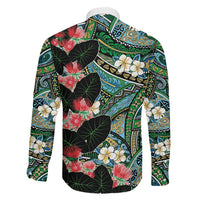Hawaiian Taro Leaves and Ohia Lehua Family Matching Off The Shoulder Long Sleeve Dress and Hawaiian Shirt Polynesian Tribal Art Tropical Plants Motifs Colorful LT03 - Polynesian Pride