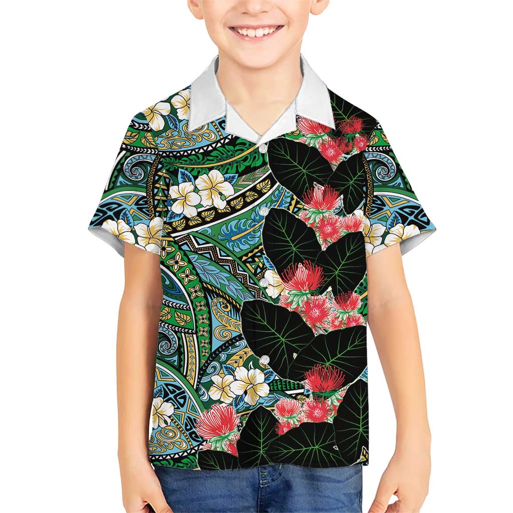 Hawaiian Taro Leaves and Ohia Lehua Family Matching Off The Shoulder Long Sleeve Dress and Hawaiian Shirt Polynesian Tribal Art Tropical Plants Motifs Colorful LT03 Son's Shirt Multicolor - Polynesian Pride