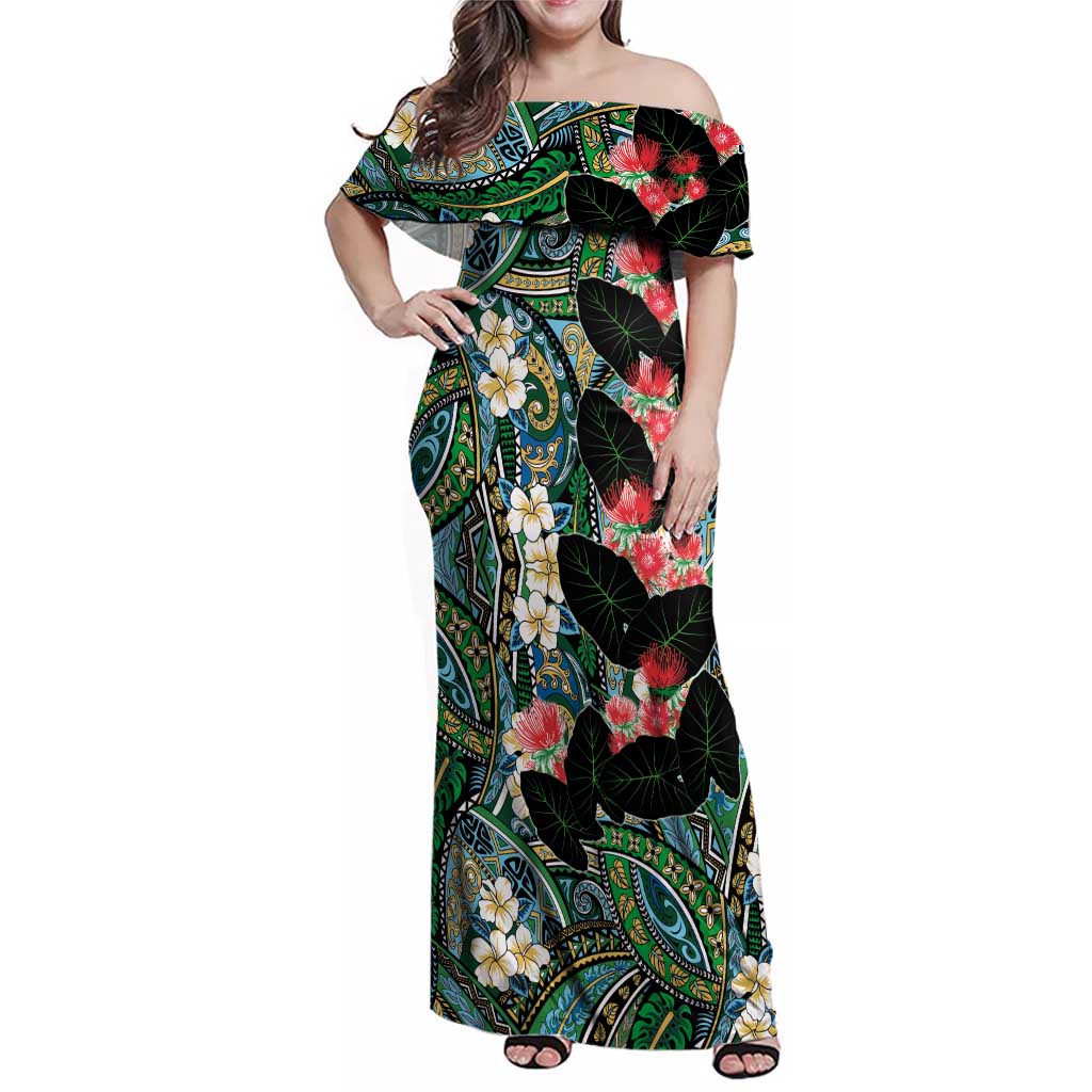 Hawaiian Taro Leaves and Ohia Lehua Family Matching Off Shoulder Maxi Dress and Hawaiian Shirt Polynesian Tribal Art Tropical Plants Motifs Colorful LT03 Mom's Dress Multicolor - Polynesian Pride