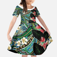 Hawaiian Taro Leaves and Ohia Lehua Family Matching Off Shoulder Short Dress and Hawaiian Shirt Polynesian Tribal Art Tropical Plants Motifs Colorful LT03 Daughter's Dress Multicolor - Polynesian Pride