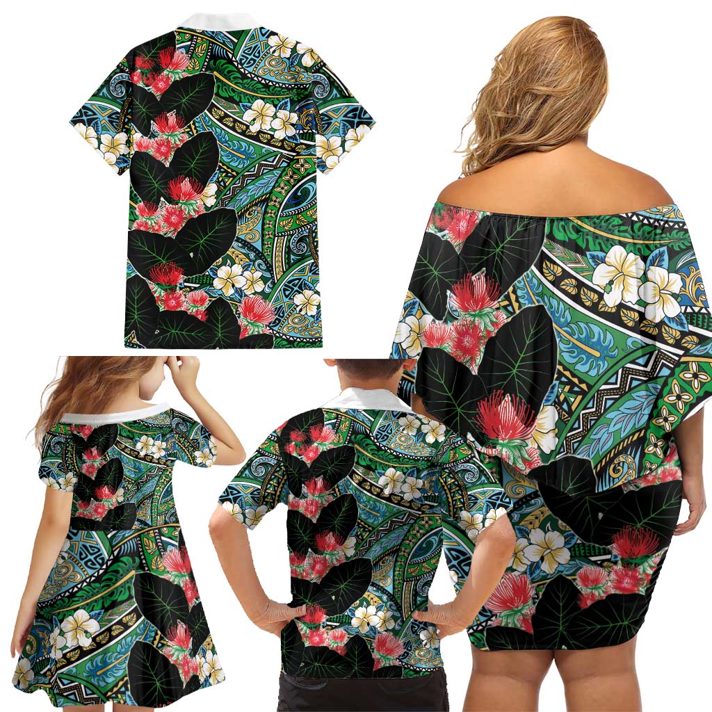 Hawaiian Taro Leaves and Ohia Lehua Family Matching Off Shoulder Short Dress and Hawaiian Shirt Polynesian Tribal Art Tropical Plants Motifs Colorful LT03 - Polynesian Pride