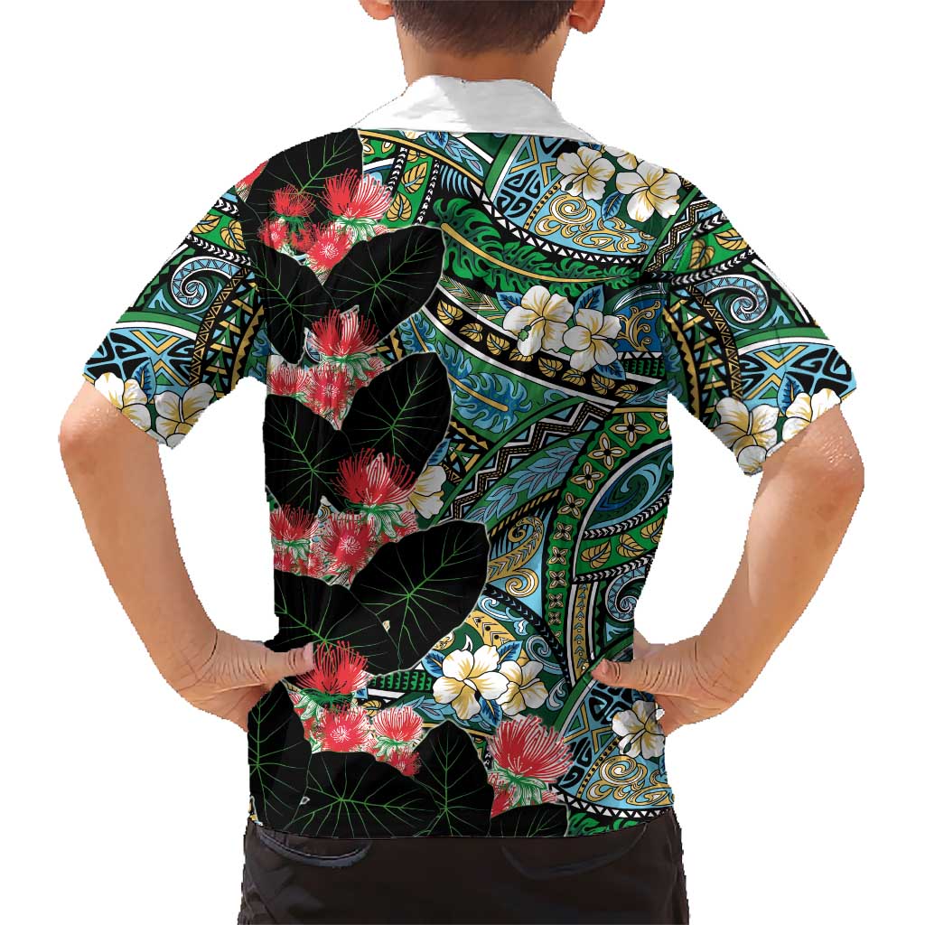 Hawaiian Taro Leaves and Ohia Lehua Family Matching Short Sleeve Bodycon Dress and Hawaiian Shirt Polynesian Tribal Art Tropical Plants Motifs Colorful LT03 - Polynesian Pride