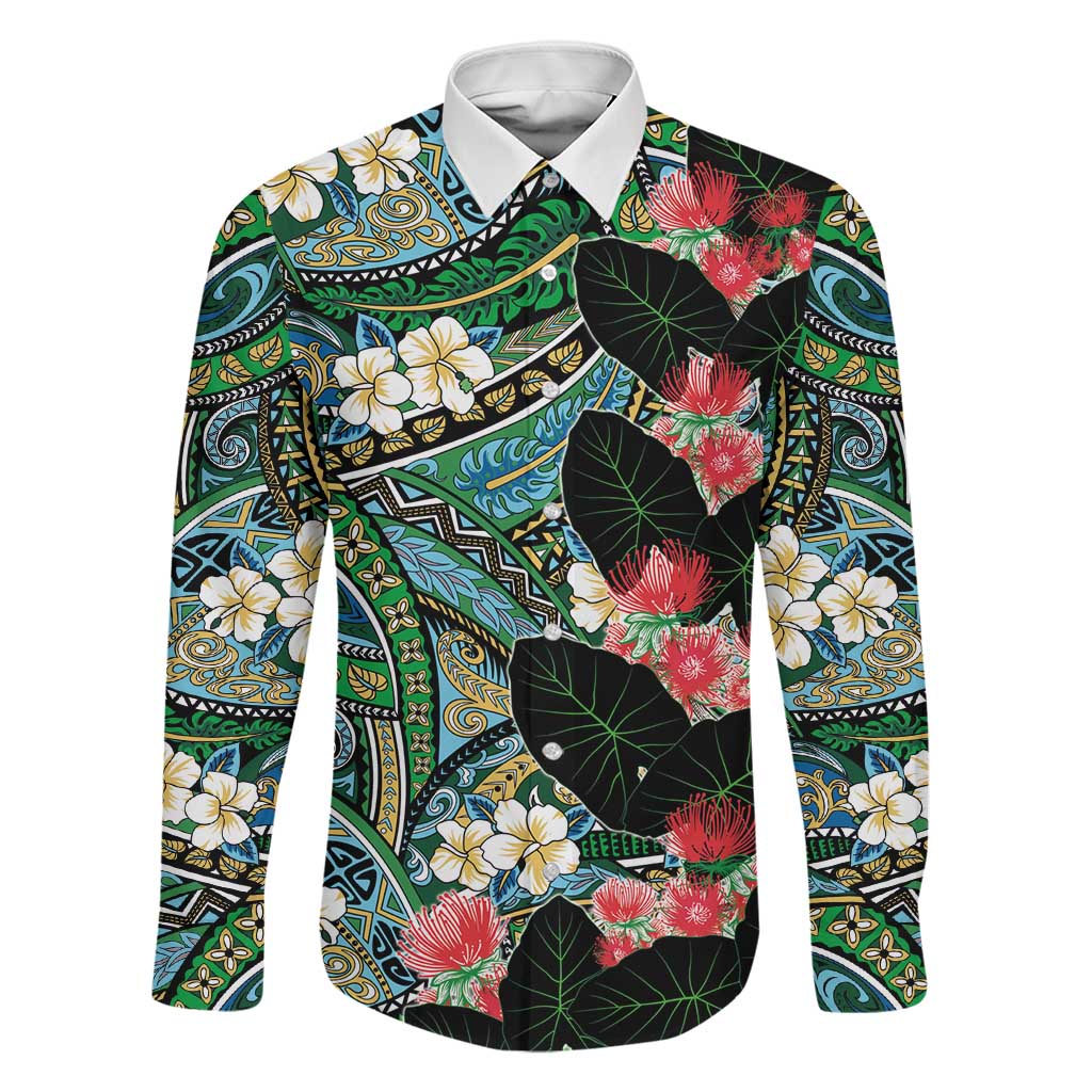 Hawaiian Taro Leaves and Ohia Lehua Family Matching Short Sleeve Bodycon Dress and Hawaiian Shirt Polynesian Tribal Art Tropical Plants Motifs Colorful LT03 Dad's Shirt - Long Sleeve Multicolor - Polynesian Pride