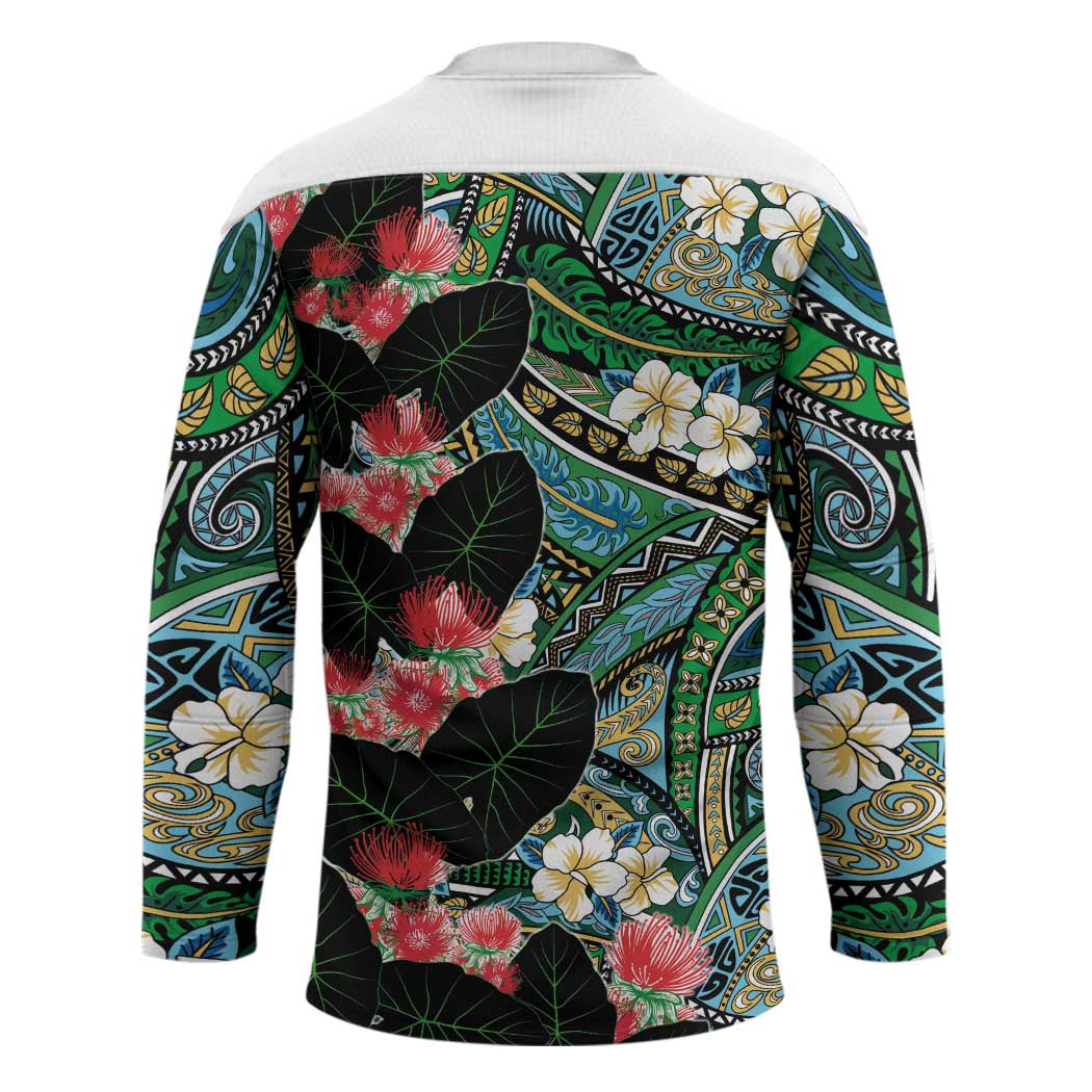 Hawaiian Taro Leaves and Ohia Lehua Hockey Jersey Polynesian Tribal Art Tropical Plants Motifs Colorful LT03 - Polynesian Pride