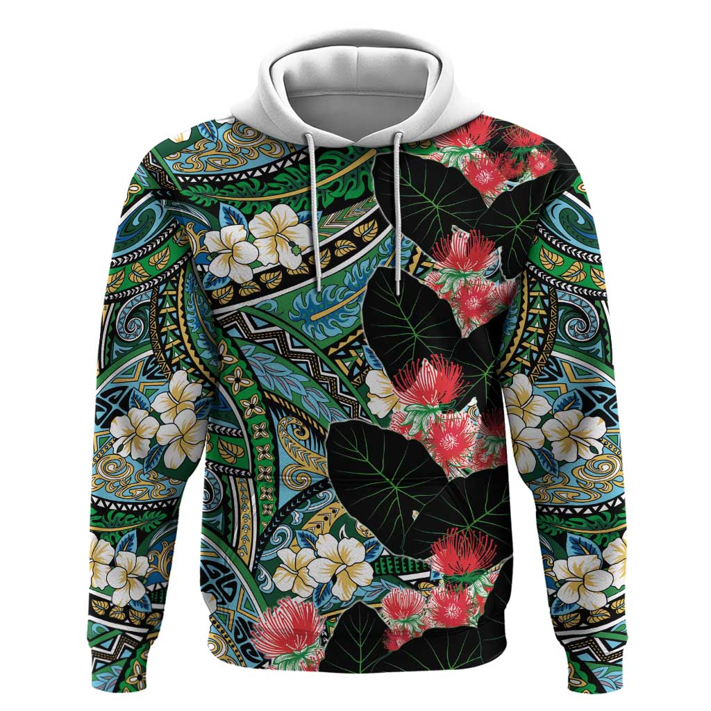 Hawaiian Taro Leaves and Ohia Lehua Hoodie Polynesian Tribal Art Tropical Plants Motifs Colorful