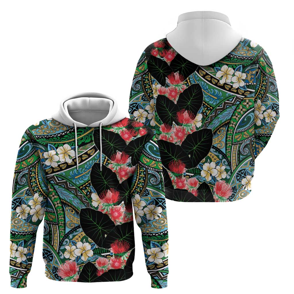 Hawaiian Taro Leaves and Ohia Lehua Hoodie Polynesian Tribal Art Tropical Plants Motifs Colorful LT03 - Polynesian Pride
