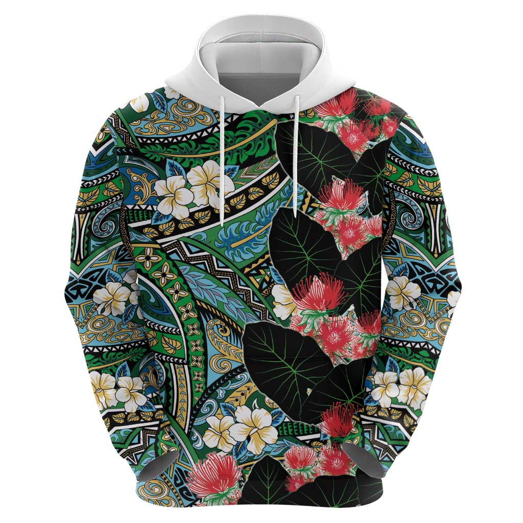 Hawaiian Taro Leaves and Ohia Lehua Hoodie Polynesian Tribal Art Tropical Plants Motifs Colorful LT03 - Polynesian Pride