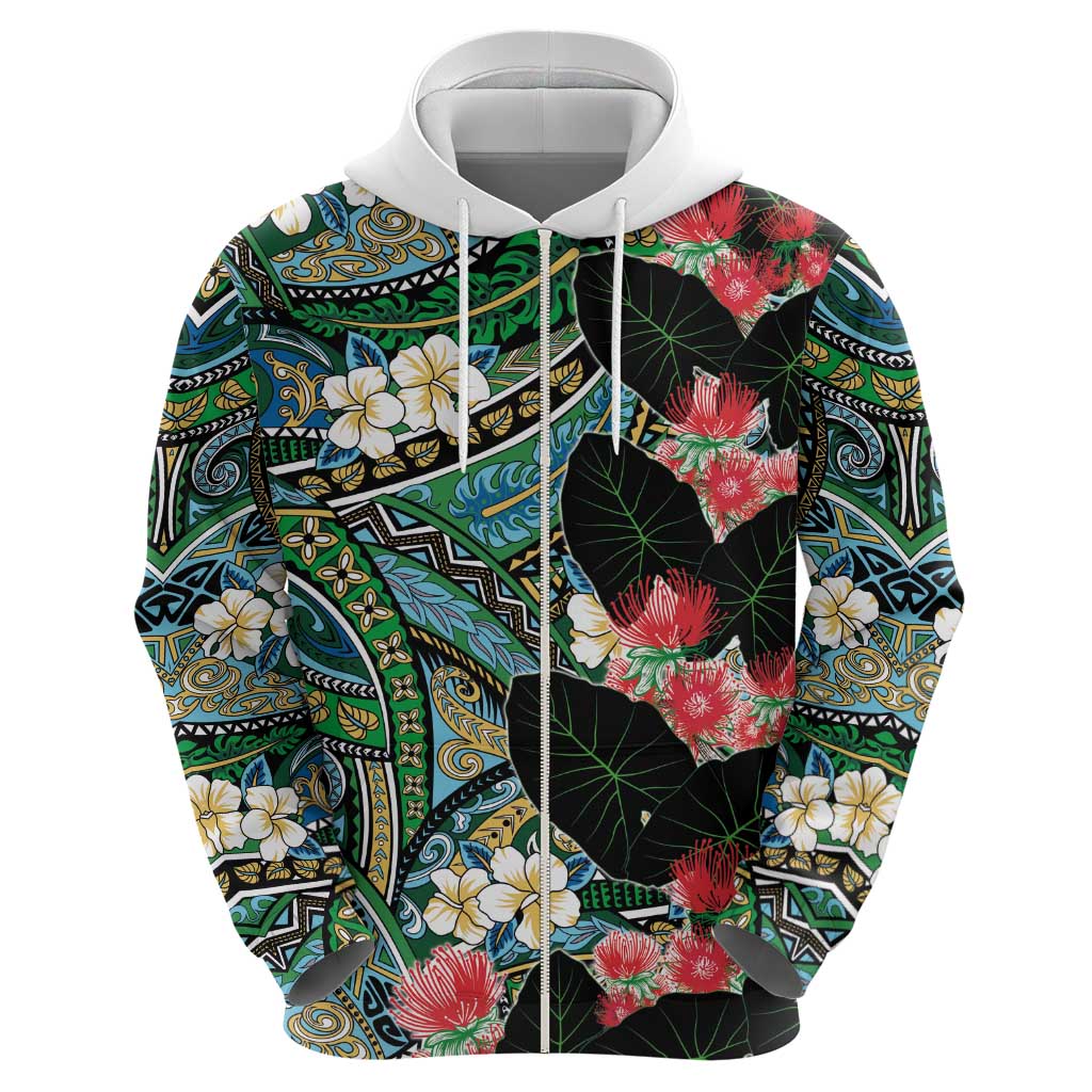 Hawaiian Taro Leaves and Ohia Lehua Hoodie Polynesian Tribal Art Tropical Plants Motifs Colorful LT03 - Polynesian Pride