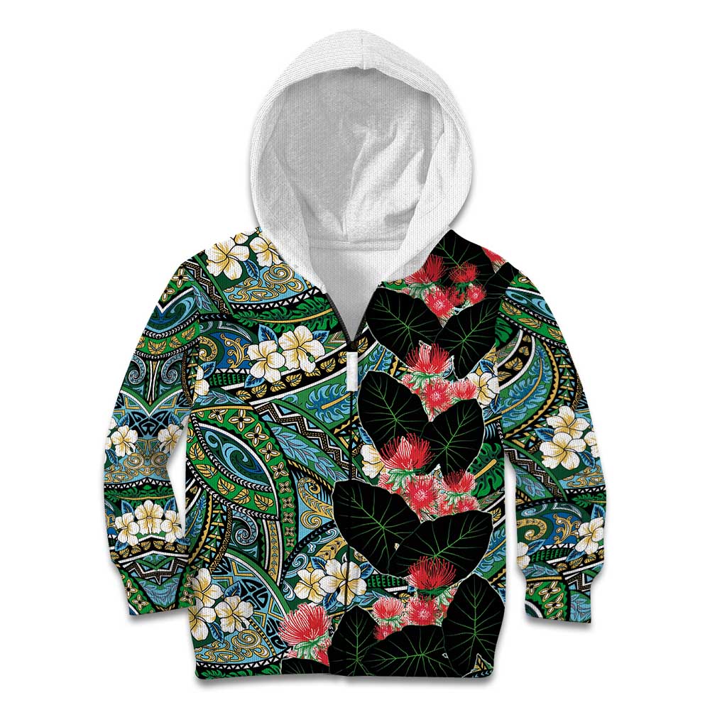 Hawaiian Taro Leaves and Ohia Lehua Kid Hoodie Polynesian Tribal Art Tropical Plants Motifs Colorful LT03 Zip Hoodie Multicolor - Polynesian Pride