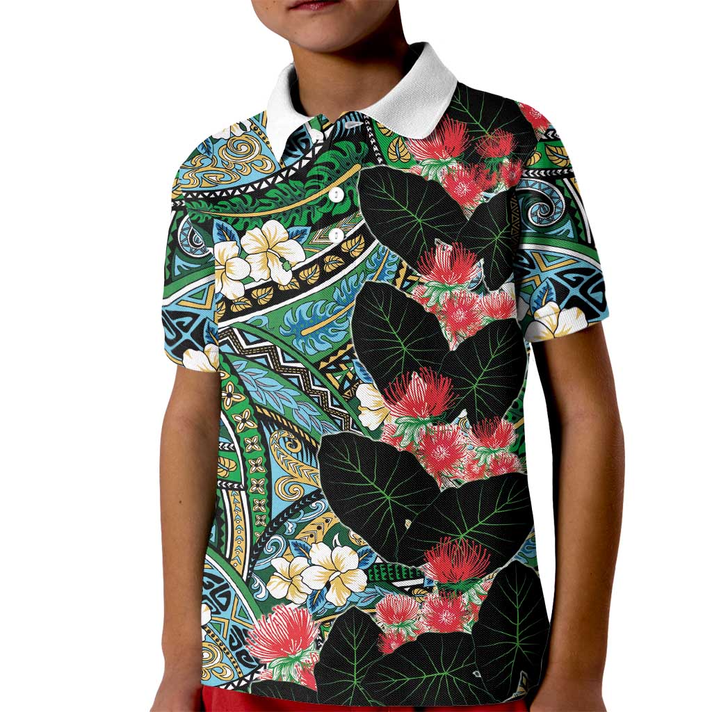Hawaiian Taro Leaves and Ohia Lehua Kid Polo Shirt Polynesian Tribal Art Tropical Plants Motifs Colorful LT03 Kid Multicolor - Polynesian Pride