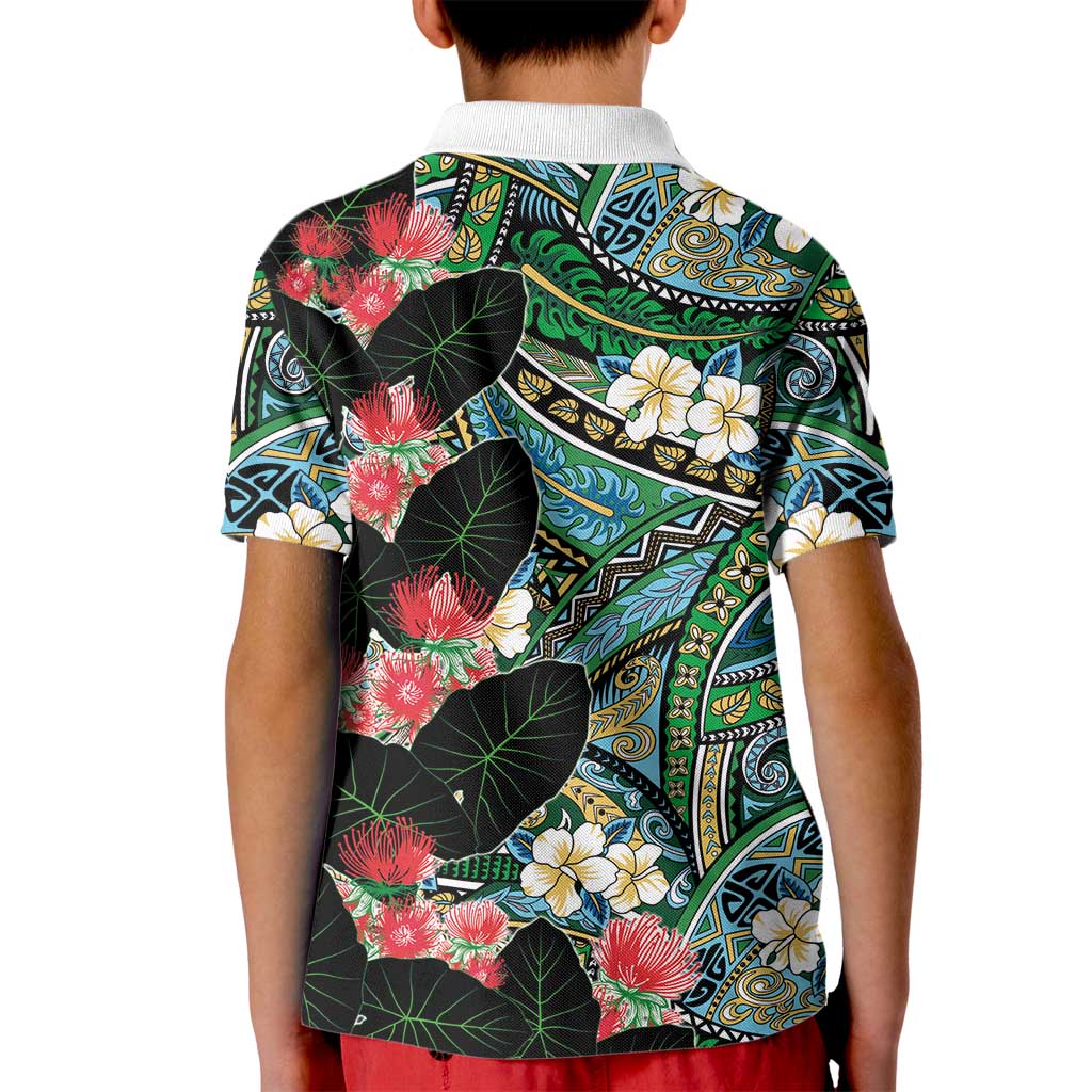 Hawaiian Taro Leaves and Ohia Lehua Kid Polo Shirt Polynesian Tribal Art Tropical Plants Motifs Colorful LT03 - Polynesian Pride