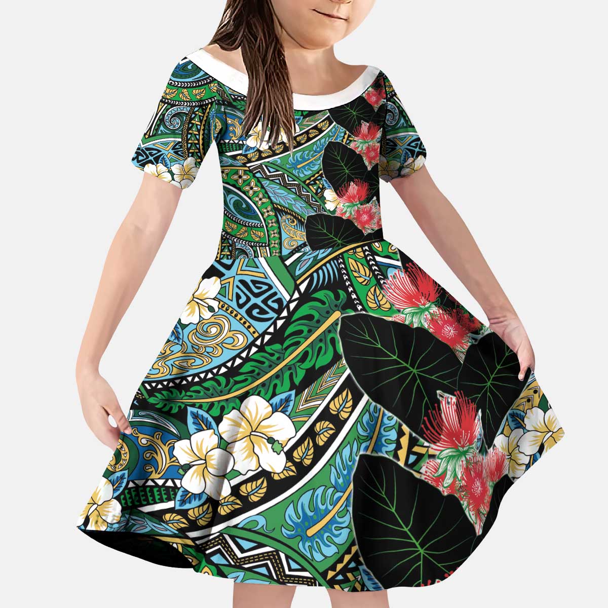 Hawaiian Taro Leaves and Ohia Lehua Kid Short Sleeve Dress Polynesian Tribal Art Tropical Plants Motifs Colorful LT03 KID Multicolor - Polynesian Pride