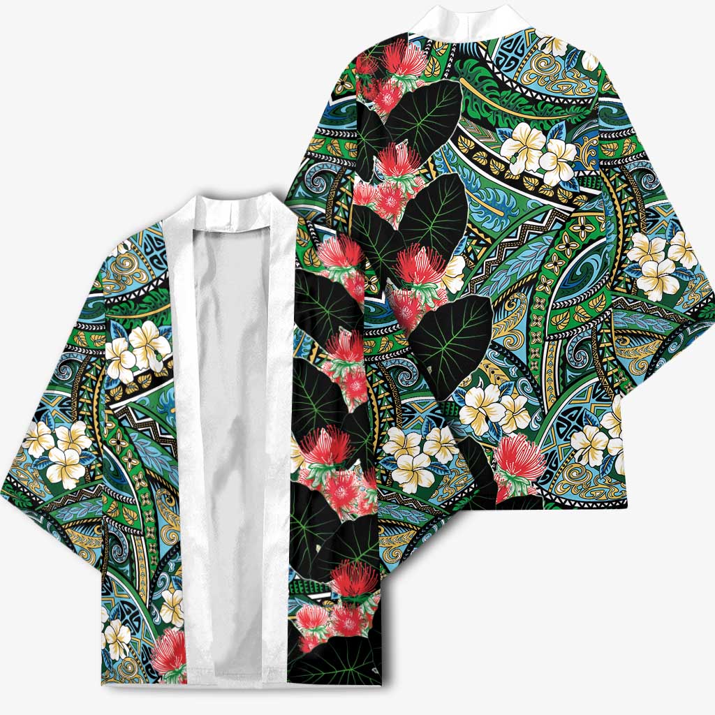 Hawaiian Taro Leaves and Ohia Lehua Kimono Polynesian Tribal Art Tropical Plants Motifs Colorful LT03 - Polynesian Pride