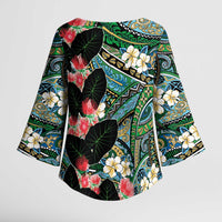 Hawaiian Taro Leaves and Ohia Lehua Kimono Sleeve Blouse Polynesian Tribal Art Tropical Plants Motifs Colorful LT03 - Polynesian Pride