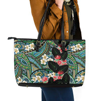 Hawaiian Taro Leaves and Ohia Lehua Leather Tote Bag Polynesian Tribal Art Tropical Plants Motifs Colorful LT03 - Polynesian Pride