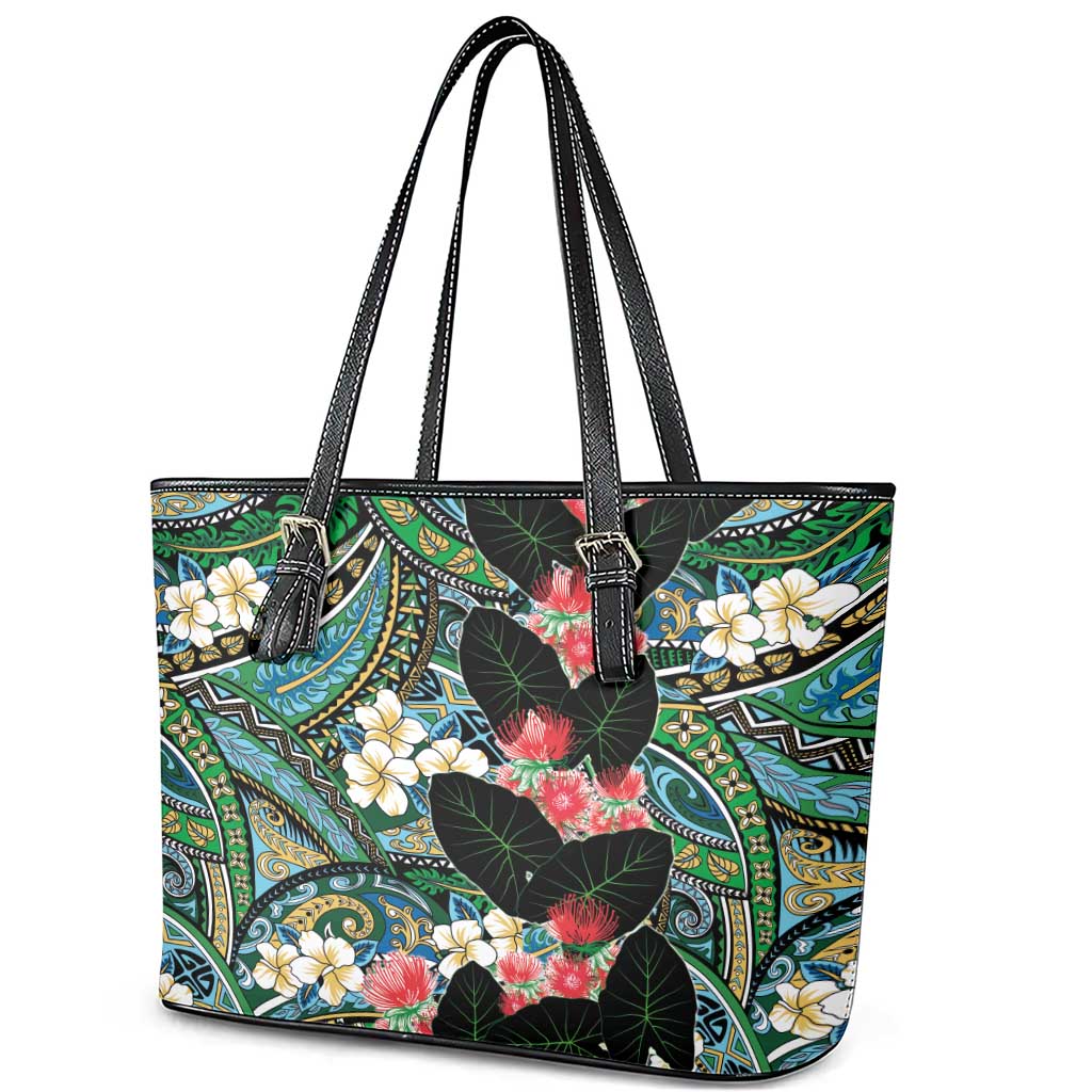 Hawaiian Taro Leaves and Ohia Lehua Leather Tote Bag Polynesian Tribal Art Tropical Plants Motifs Colorful LT03 - Polynesian Pride