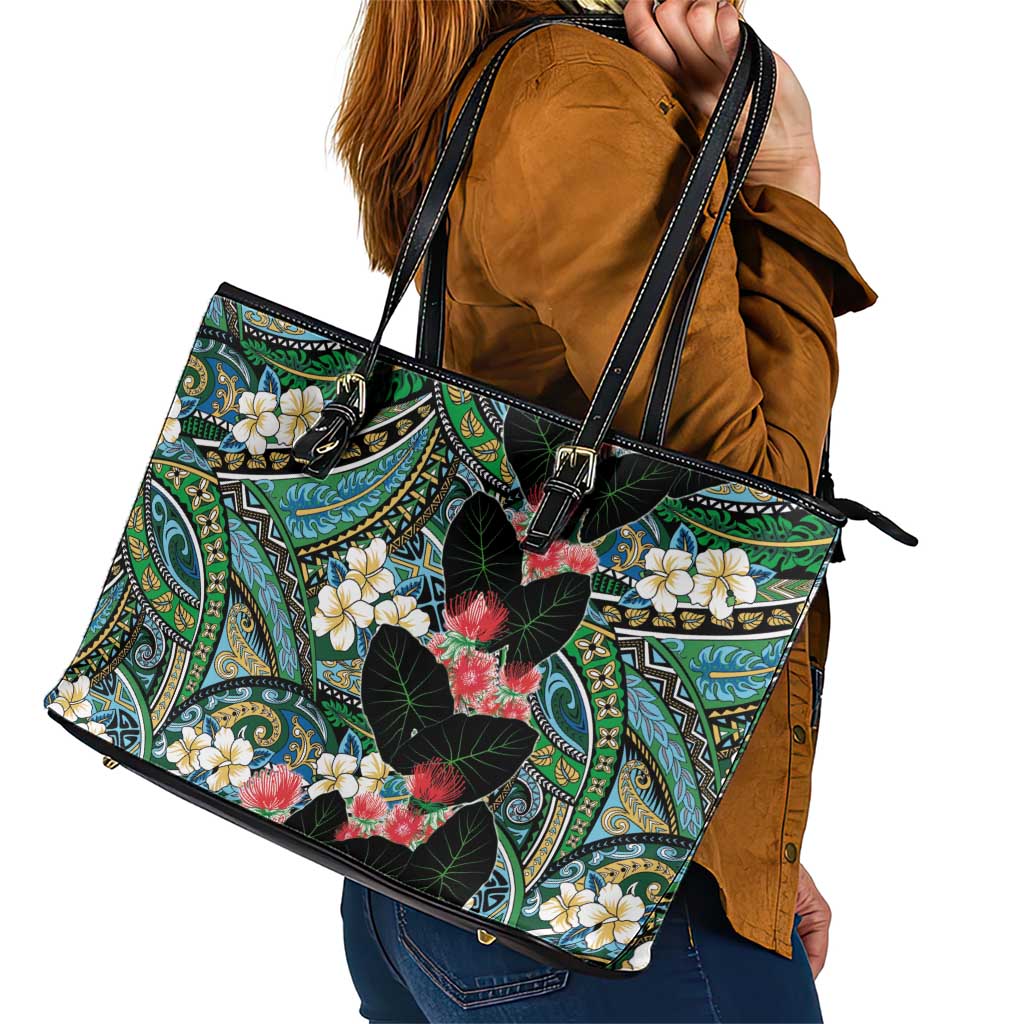 Hawaiian Taro Leaves and Ohia Lehua Leather Tote Bag Polynesian Tribal Art Tropical Plants Motifs Colorful LT03 - Polynesian Pride