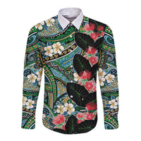 Hawaiian Taro Leaves and Ohia Lehua Long Sleeve Button Shirt Polynesian Tribal Art Tropical Plants Motifs Colorful LT03 Unisex Multicolor - Polynesian Pride