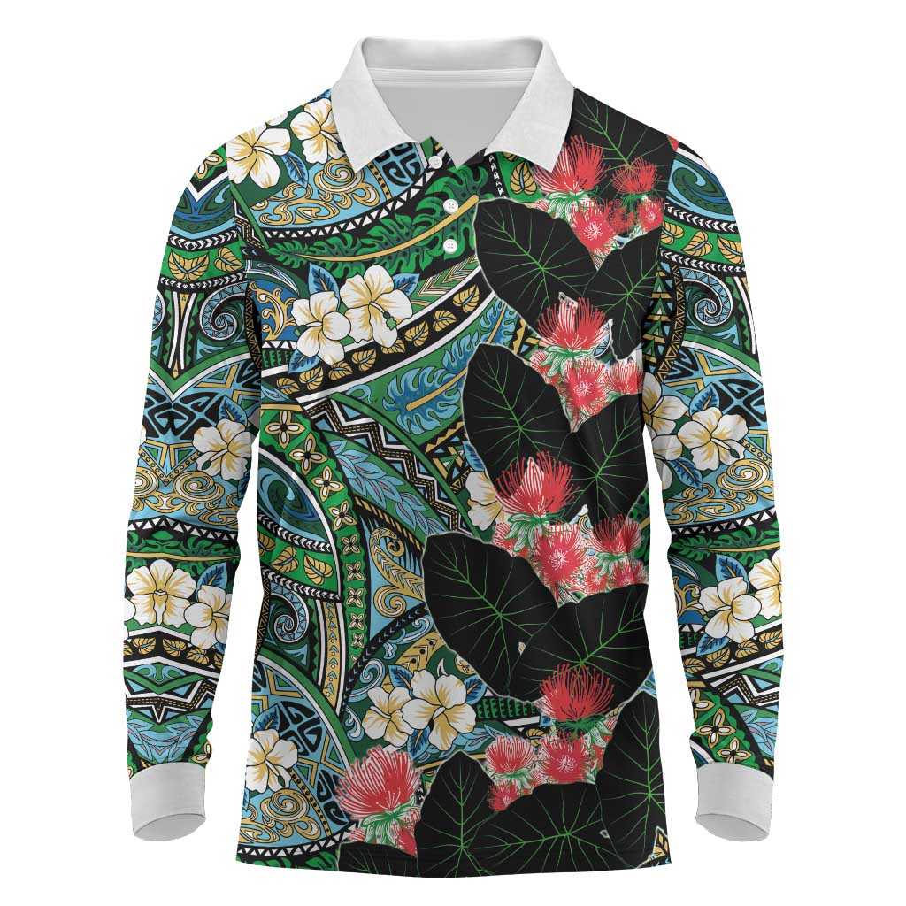Hawaiian Taro Leaves and Ohia Lehua Long Sleeve Polo Shirt Polynesian Tribal Art Tropical Plants Motifs Colorful