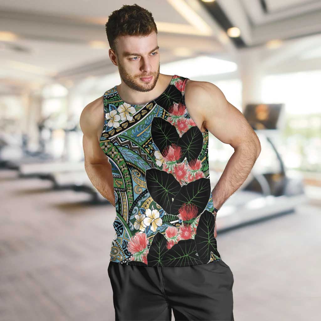 Hawaiian Taro Leaves and Ohia Lehua Men Tank Top Polynesian Tribal Art Tropical Plants Motifs Colorful