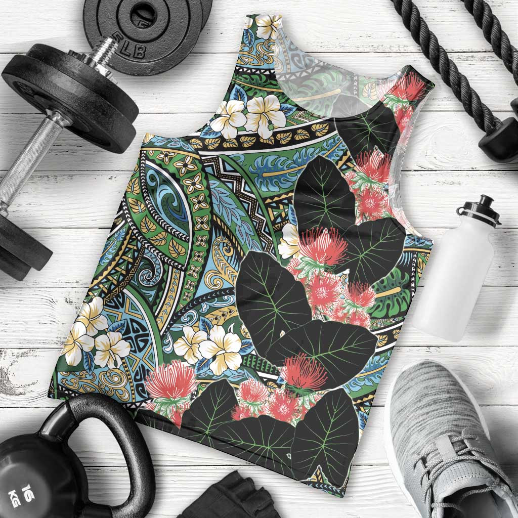 Hawaiian Taro Leaves and Ohia Lehua Men Tank Top Polynesian Tribal Art Tropical Plants Motifs Colorful LT03 - Polynesian Pride
