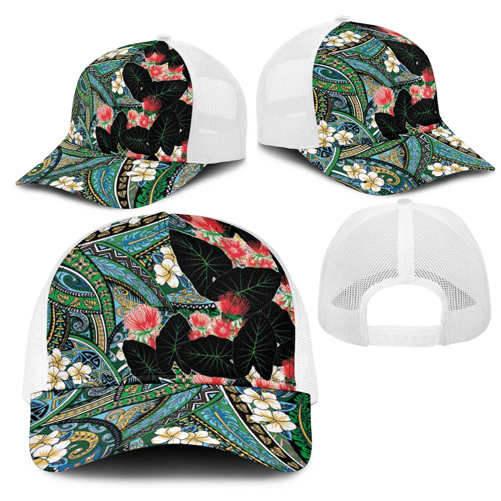 Hawaiian Taro Leaves and Ohia Lehua Mesh Trucker Cap Polynesian Tribal Art Tropical Plants Motifs Colorful LT03 - Polynesian Pride