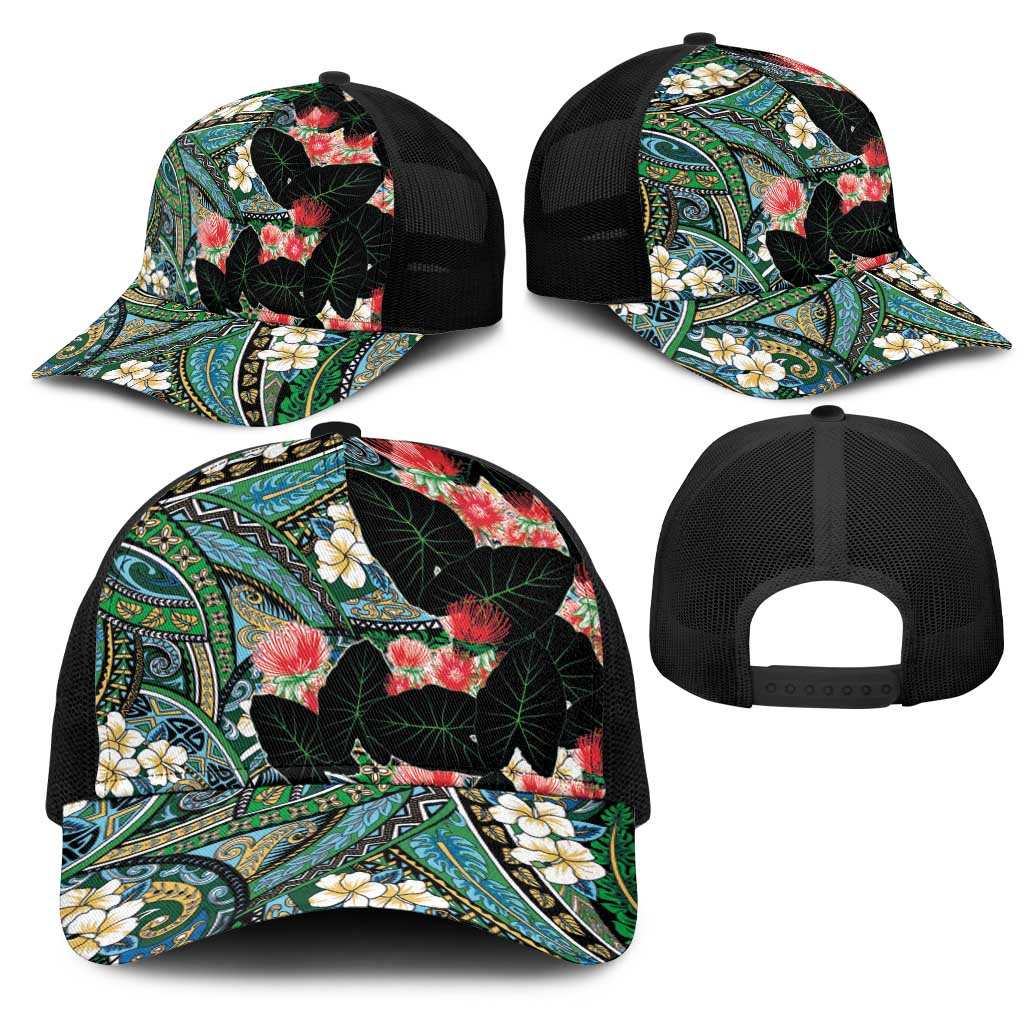 Hawaiian Taro Leaves and Ohia Lehua Mesh Trucker Cap Polynesian Tribal Art Tropical Plants Motifs Colorful LT03 - Polynesian Pride