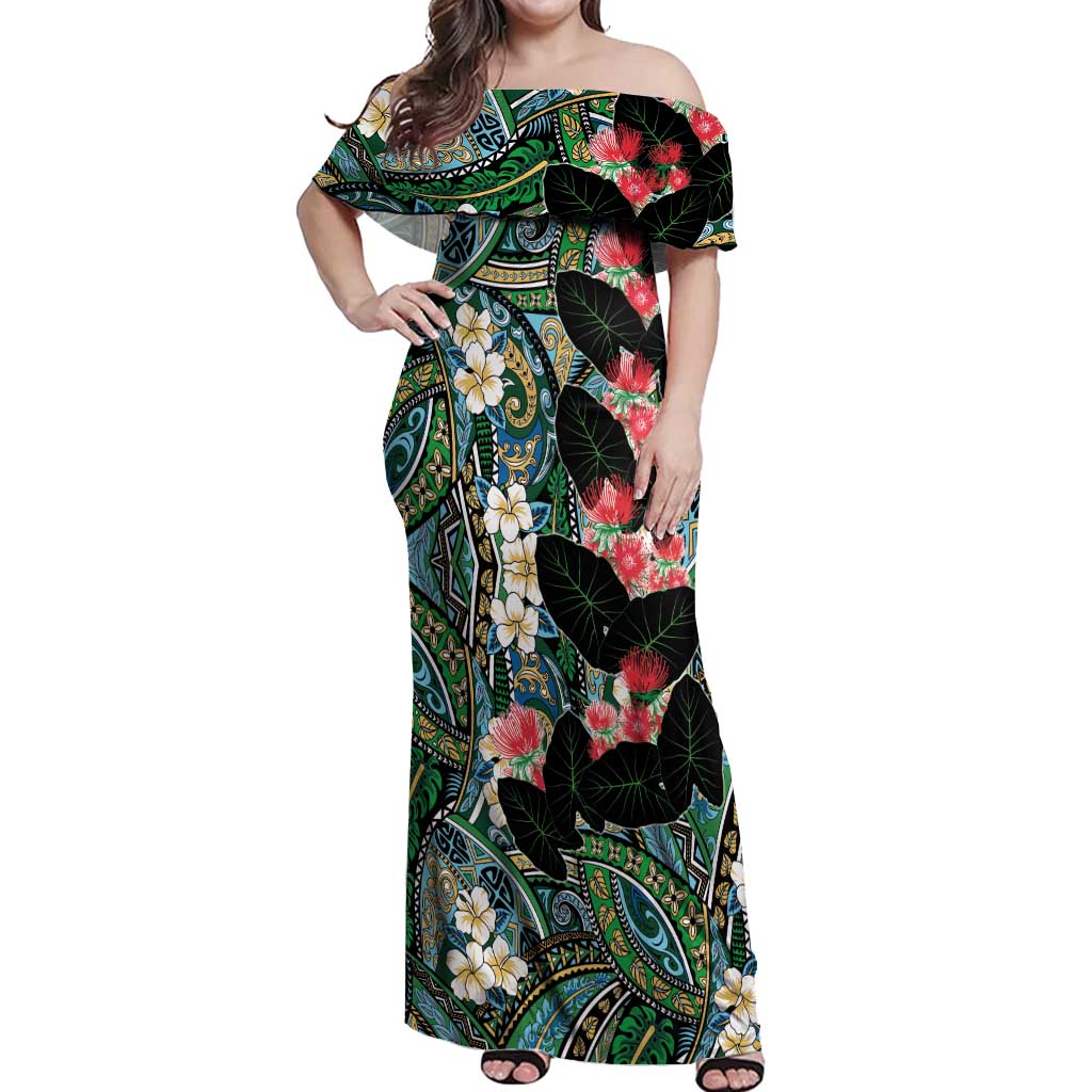 Hawaiian Taro Leaves and Ohia Lehua Off Shoulder Maxi Dress Polynesian Tribal Art Tropical Plants Motifs Colorful LT03 Women Multicolor - Polynesian Pride