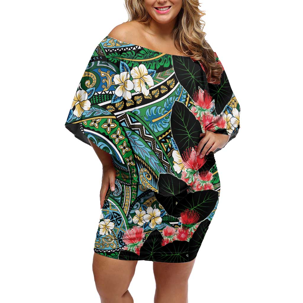 Hawaiian Taro Leaves and Ohia Lehua Off Shoulder Short Dress Polynesian Tribal Art Tropical Plants Motifs Colorful LT03 Women Multicolor - Polynesian Pride