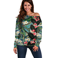 Hawaiian Taro Leaves and Ohia Lehua Off Shoulder Sweater Polynesian Tribal Art Tropical Plants Motifs Colorful LT03 Women Multicolor - Polynesian Pride