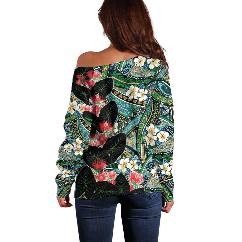 Hawaiian Taro Leaves and Ohia Lehua Off Shoulder Sweater Polynesian Tribal Art Tropical Plants Motifs Colorful LT03 - Polynesian Pride