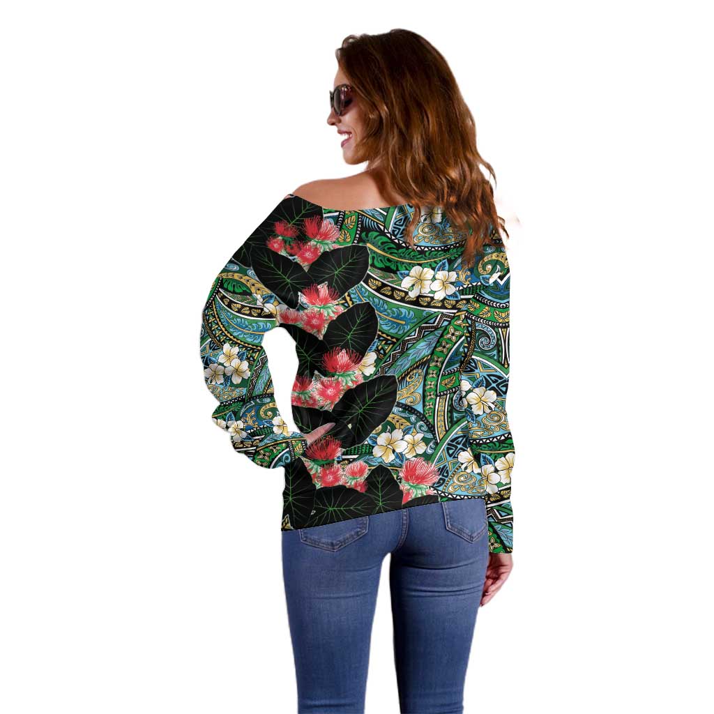 Hawaiian Taro Leaves and Ohia Lehua Off Shoulder Sweater Polynesian Tribal Art Tropical Plants Motifs Colorful LT03 - Polynesian Pride