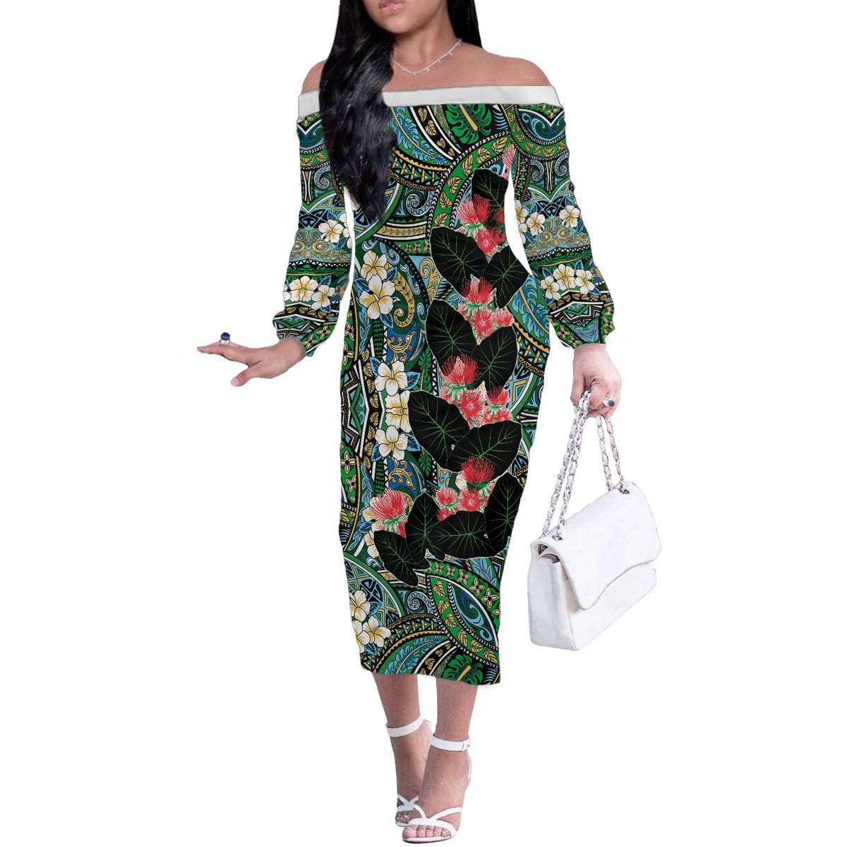 Hawaiian Taro Leaves and Ohia Lehua Off The Shoulder Long Sleeve Dress Polynesian Tribal Art Tropical Plants Motifs Colorful LT03 Women Multicolor - Polynesian Pride