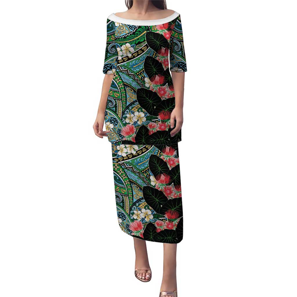 Hawaiian Taro Leaves and Ohia Lehua Puletasi Polynesian Tribal Art Tropical Plants Motifs Colorful LT03 Long Dress Multicolor - Polynesian Pride