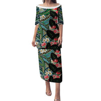 Hawaiian Taro Leaves and Ohia Lehua Puletasi Polynesian Tribal Art Tropical Plants Motifs Colorful LT03 Long Dress Multicolor - Polynesian Pride