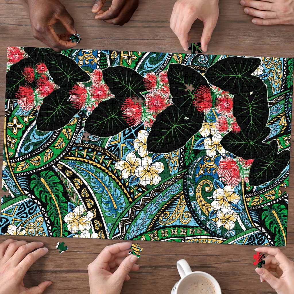 Hawaiian Taro Leaves and Ohia Lehua Puzzle Polynesian Tribal Art Tropical Plants Motifs Colorful LT03 - Polynesian Pride